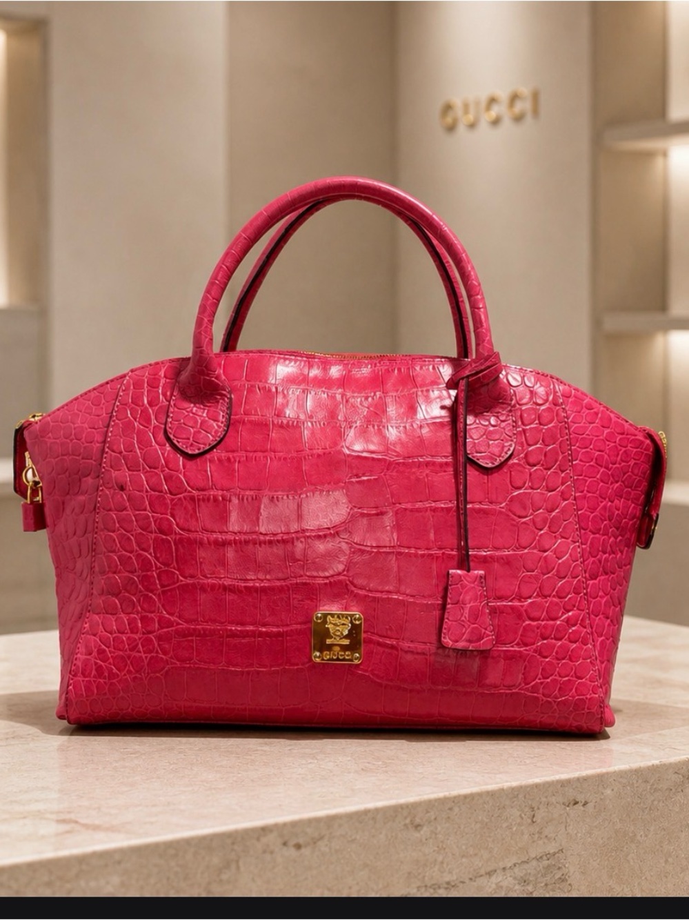 MCM  Hot Pink Croc-Embossed Leather Satchel EUC